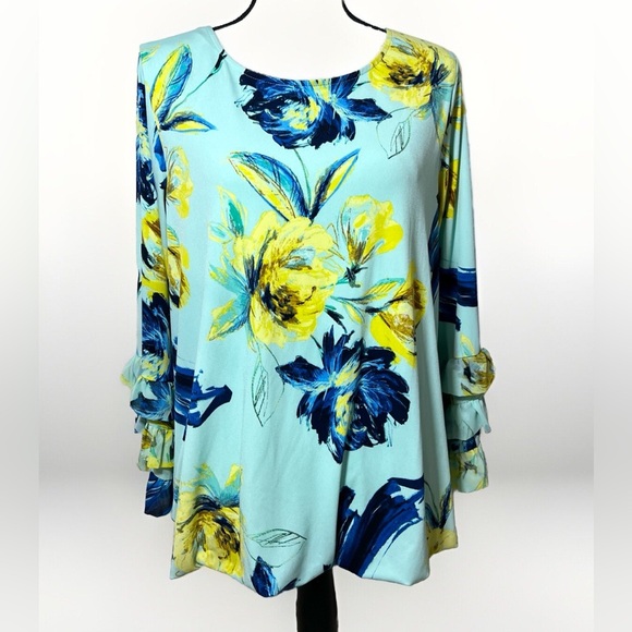 Alfani Woman Long Sleeve Blouse Size 1X Floral Printed Bell Ruffle Sleeve Shirt - Picture 3 of 8